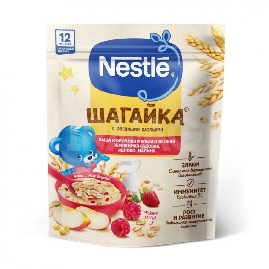 Каша молочная Nestle с 12 мес. Шагайка Мультизлаковая Земляника садовая,  яблоко, малина (190 г) - IRMAG.RU