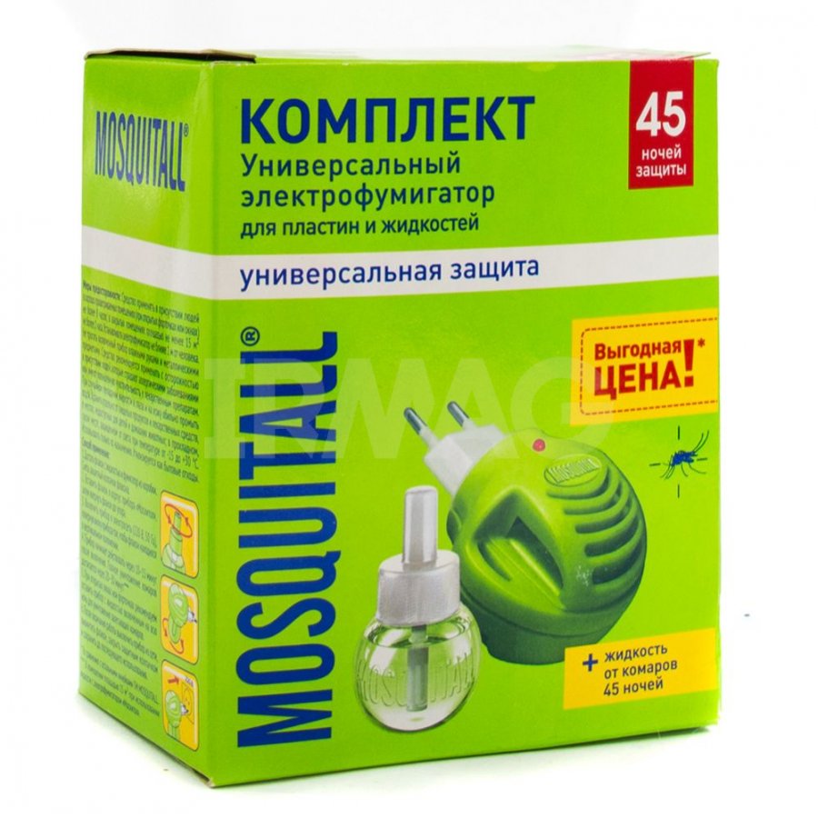 Mosquitall Универсальная защита Комплект Электрофумигатор + жидкость от комаров 45 ночей