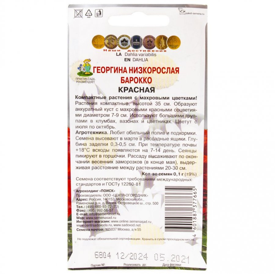 Семена  Георгина низкорослая Барокко Красная (0,1 г) - IRMAG.RU