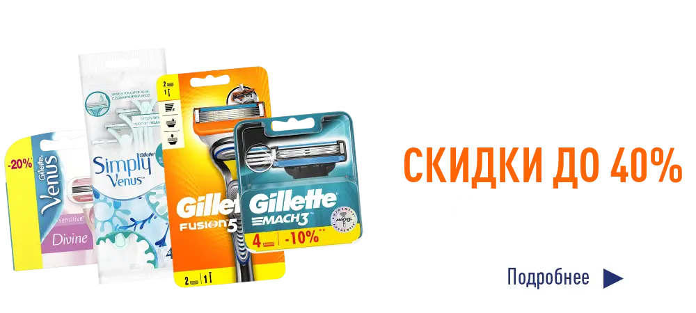 Скидки до 40% на станки и кассеты для бритья Gillette